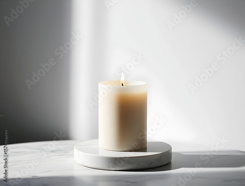 Lit Candle on Marble: Peaceful Atmosphere, Tranquil Scene
