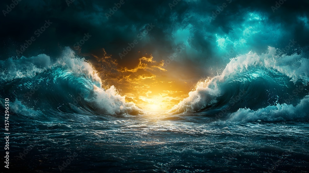 Fototapeta premium Dramatic and scene of towering turbulent ocean waves crashing and churning amidst a moody stormy atmosphere