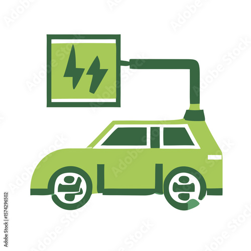 Green electric car icon with charging station and lightning symbol  