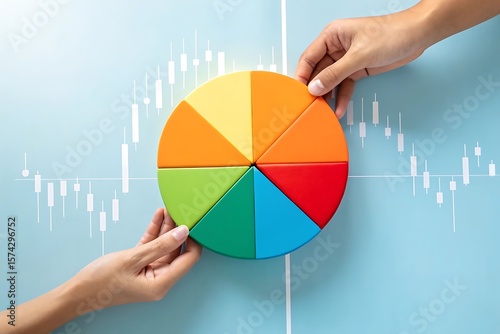 Colorful pie chart segments being assembled by hands over financial graph image