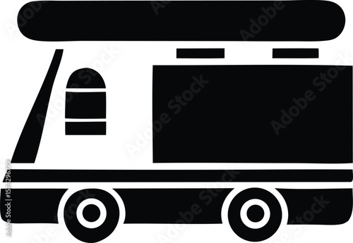 Simple black silhouette icon of a recreational vehicle or camper van with rounded roof and wheels
