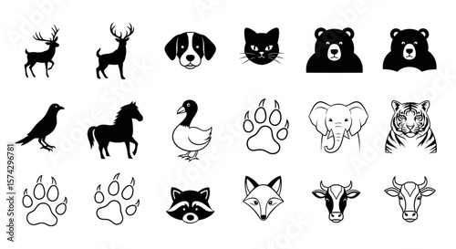 Diverse Animal Icon Set: A curated collection of various animal icons, perfect for illustrating wildlife themes, educational resources, or design projects, showcasing the beauty of nature.