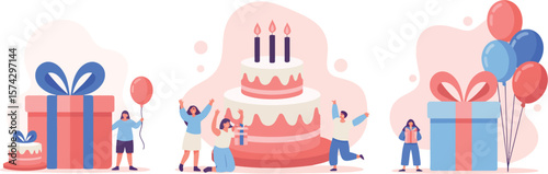 A cartoon illustration of a birthday celebration with cake gifts and people in a festive setting


