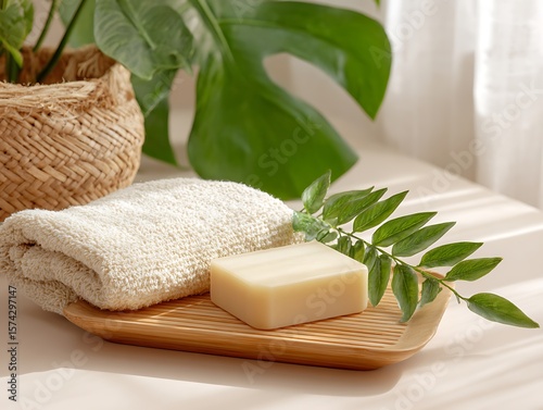 Wallpaper Mural Eco soap bar on bamboo tray near white towel and leafy plant decor Torontodigital.ca