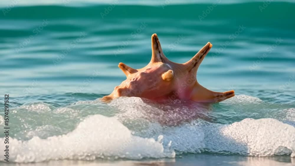 Sea Conch Shell Emerging from Turquoise Waves