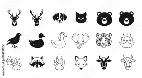 Animal Icons Collection: A striking assortment of monochromatic animal icons, showcasing diverse creatures in elegant, minimalist designs. Perfect for thematic projects.