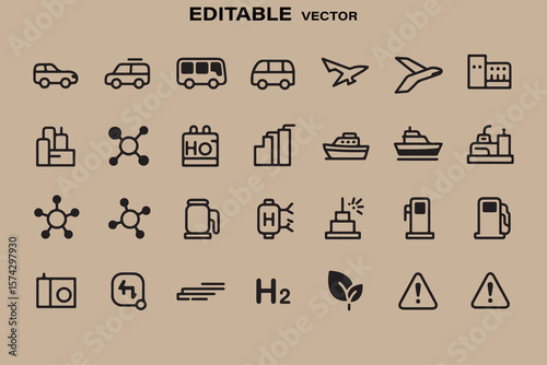 Collection of editable vector icons representing transportation energy chemistry and safety symbols on a neutral background