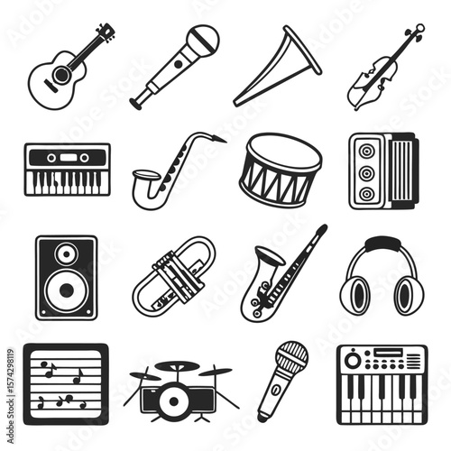 Acoustic guitar microphone trumpet violin keyboard saxophone drum accordion speaker trombone sheet music drum kit