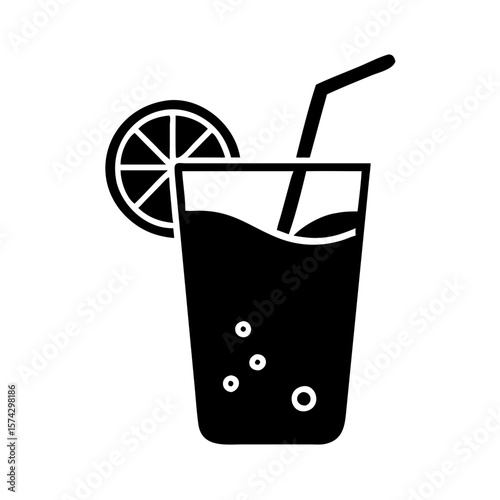 Fresh juice in glass with straw and lemon slice on white background  
