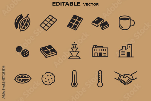 Collection of editable vector icons representing chocolate production and consumption including cocoa beans and factories