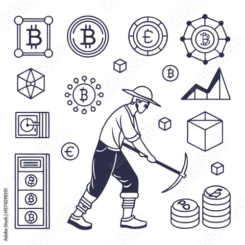 Bitcoin mining concept with person digging and cryptocurrency symbols digital currency blockchain