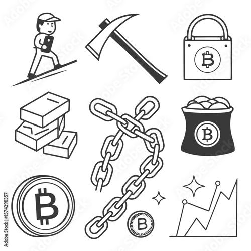 Bitcoin mining and investment icons cryptocurrency pickaxe