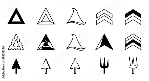 Geometric Icon Set: A collection of diverse geometric icons for a variety of design needs, from simple triangles to more elaborate, showcasing versatility and artistic flair. 
