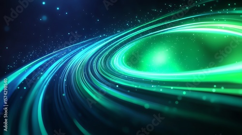 A vibrant digital visualization of swirling blue and green light trails creating a dynamic, futuristic energy flow or cosmic vortex effect.