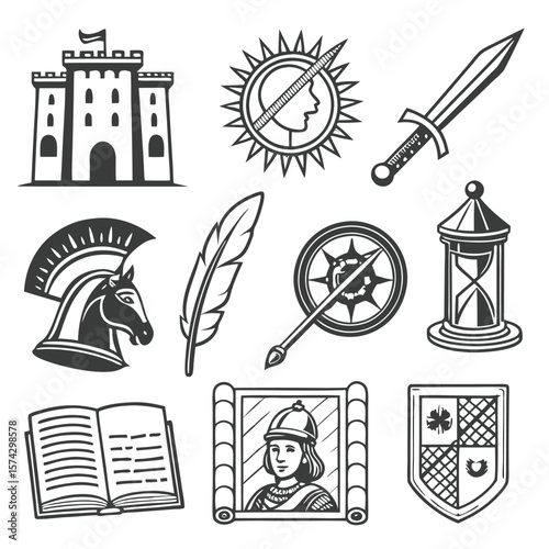 Castle horse helmet sword feather compass hourglass book scroll portrait shield fortress flag