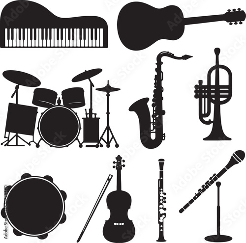 Musical instruments including piano guitar drum set saxophone trumpet violin clarinet and tambourine