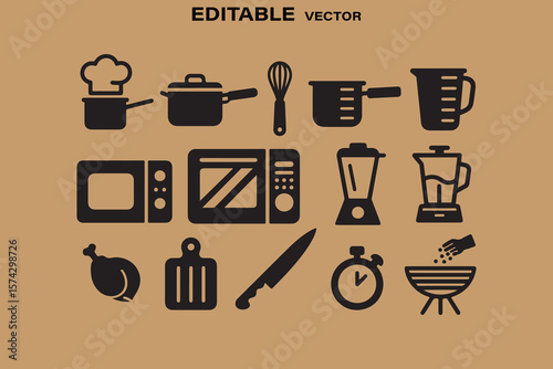 Collection of black cooking and kitchen appliance icons on a brown background editable vector graphic