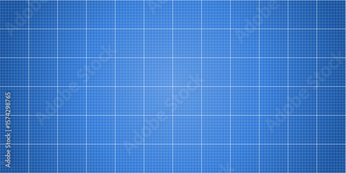 Bright horizontal blueprint with glowing white grid on blue background. Futuristic tech or architecture theme.