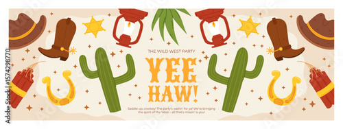 Wild West Party Banner with Cowboy Elements Including Cactus, Hats, Boots, Horseshoes, Lanterns, and Dynamite in a Fun Flat Style