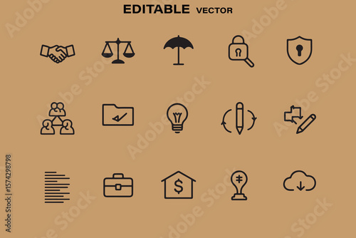 Collection of editable vector line icons representing business finance security teamwork and ideas on a beige background