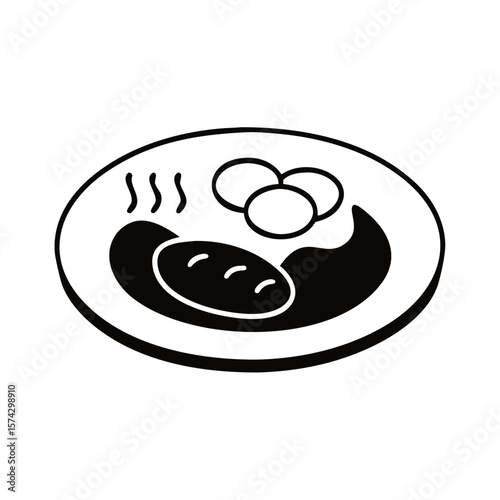 Breakfast platter with eggs and sausage on a round plate  