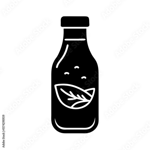 Salad dressing bottle with leaves in minimalist black design  