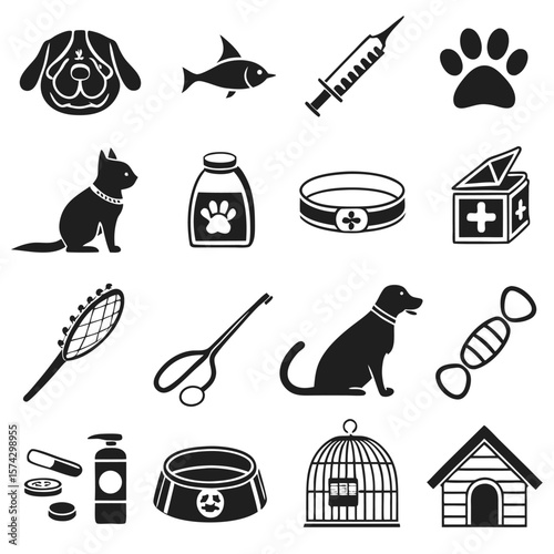 Dog cat fish syringe paw print medicine bottle collar first aid kit grooming brush scissors candy dog bowl bird cage dog house
