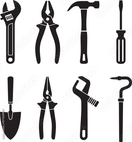 Adjustable wrench pliers hammer screwdriver shovel pipe wrench screw vector