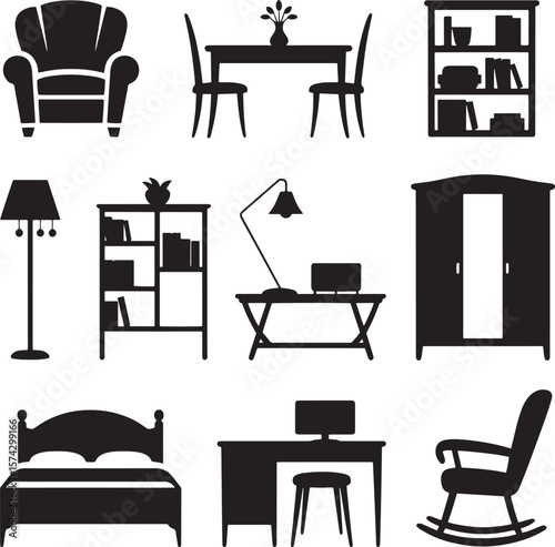 Assorted furniture silhouettes including armchair table chairs bookshelf lamp desk and bed vector