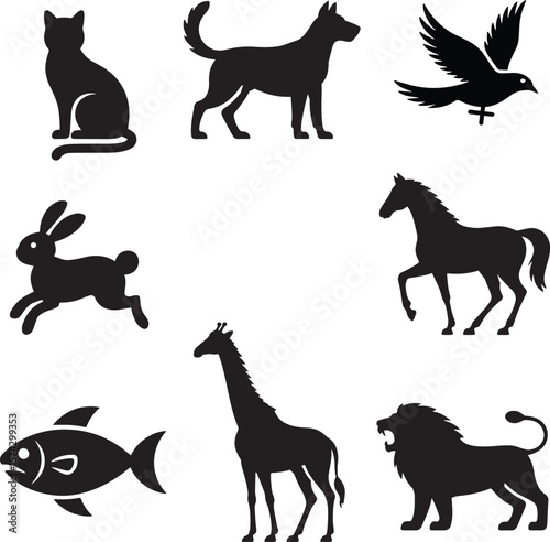 Black animal silhouettes including cat dog bird rabbit horse giraffe lion fish vector