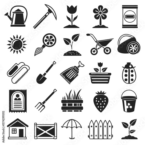 Gardening tools plants and sun watering can pickaxe