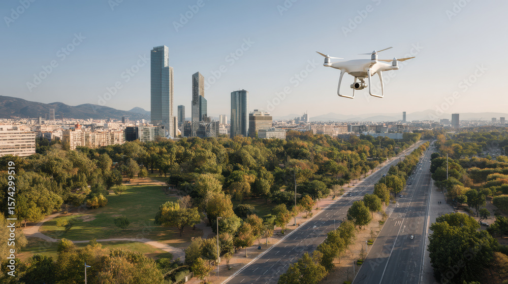Fototapeta premium aerial drones and robots symbolize modern urban life reflecting their integration into city environments