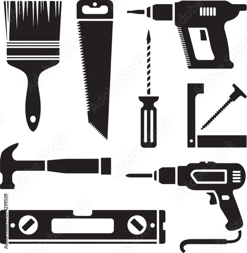 Black silhouette collection of various construction and D I Y tools brush drill