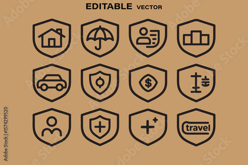 Set of shield icons representing various insurance and protection services including home umbrella person car and travel