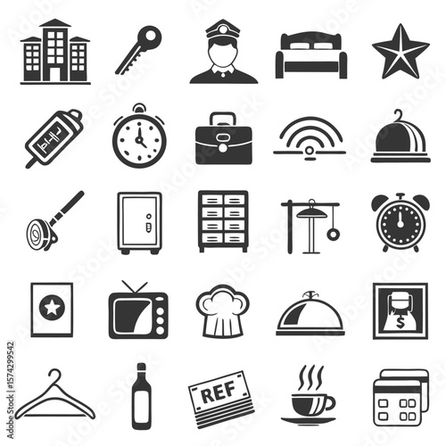 Hotel building key doorman bed star thermometer clock briefcase wifi food cover safe cabinet lamp alarm television chef hat money bag hanger bottle reference coffee cup credit cards