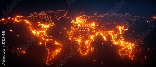 A glowing world map highlighting illuminated population centers and major urban areas across continents at night.