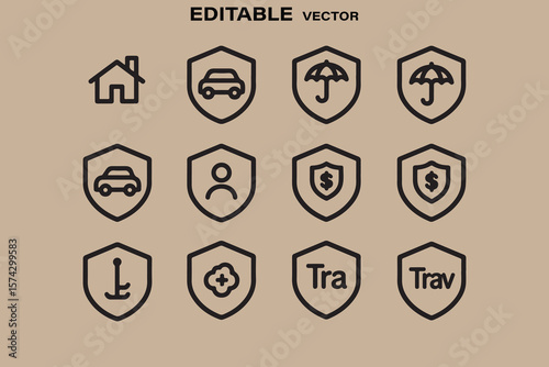 Collection of simple outline shield icons representing various insurance and protection concepts like home car and health