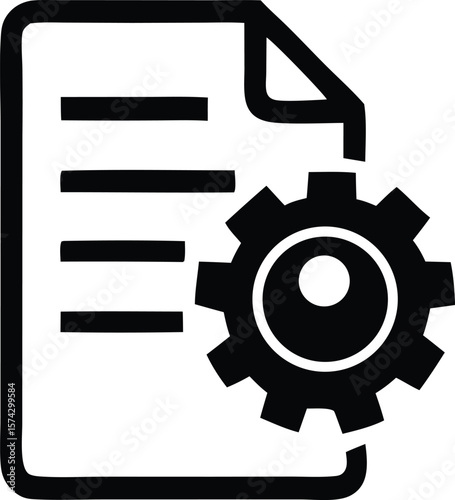 Simple black and white icon representing a document with lines of text next to a gear cog symbolizing settings or operations