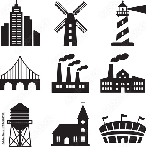 Cityscape windmill lighthouse bridge factories water tower church stadium vector