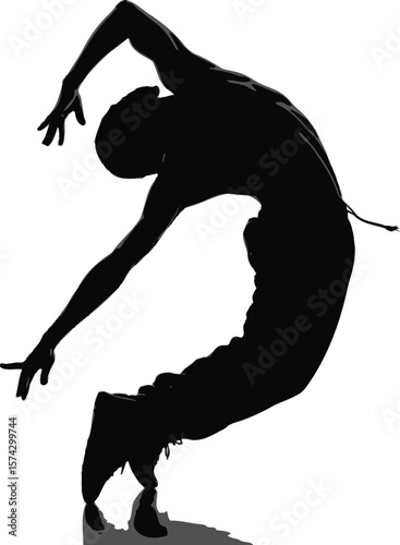 Dancer silhouette performing acrobatic pose black white
