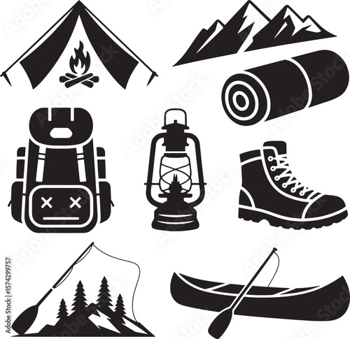 Camping and Outdoor Adventure Gear Icons tent campfire