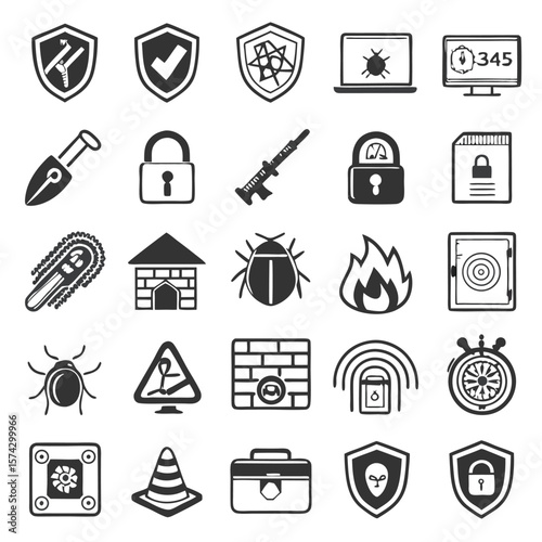 Security icons shield lock computer bug firewall safety warning vector