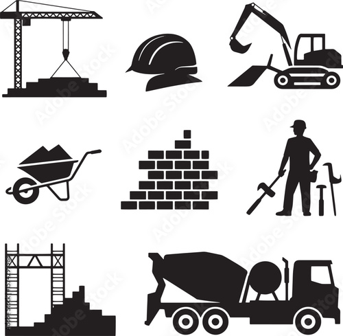 Construction equipment and worker icons crane excavator