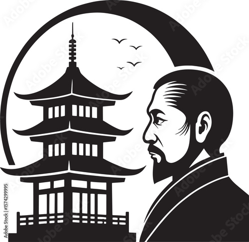 Asian man and pagoda black and white architecture