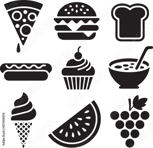 Diverse food items including pizza burger hotdog cupcake soup ice cream watermelon and grapes vector