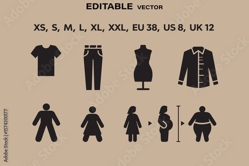 Collection of editable vector icons representing clothing sizes and human body shapes including pregnancy and weight gain