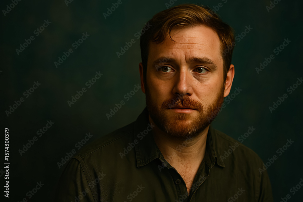 Obraz premium Dramatic and cinematic portrait of an adult man against a dark background, reflecting intense emotion.