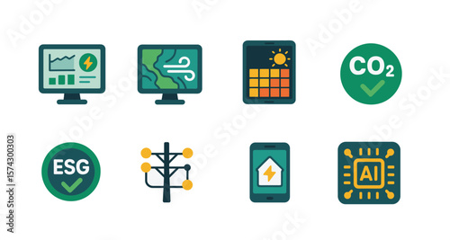 Smart grid and energy data flat icons. Wind forecast map, solar insolation heatmap, carbon credit symbol, ESG compliance badge, smart grid connection, home energy monitor app, AI energy analytics