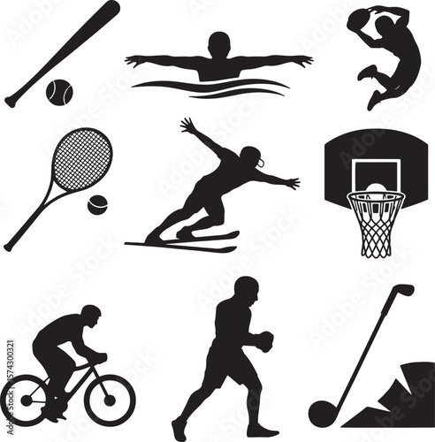 Diverse sports silhouettes including baseball swimming basketball tennis skiing cycling golf swimmer