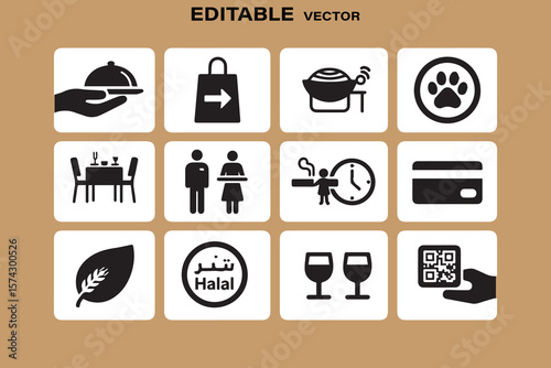 Collection of diverse restaurant and dining icons including food service shopping halal pets and payment methods
